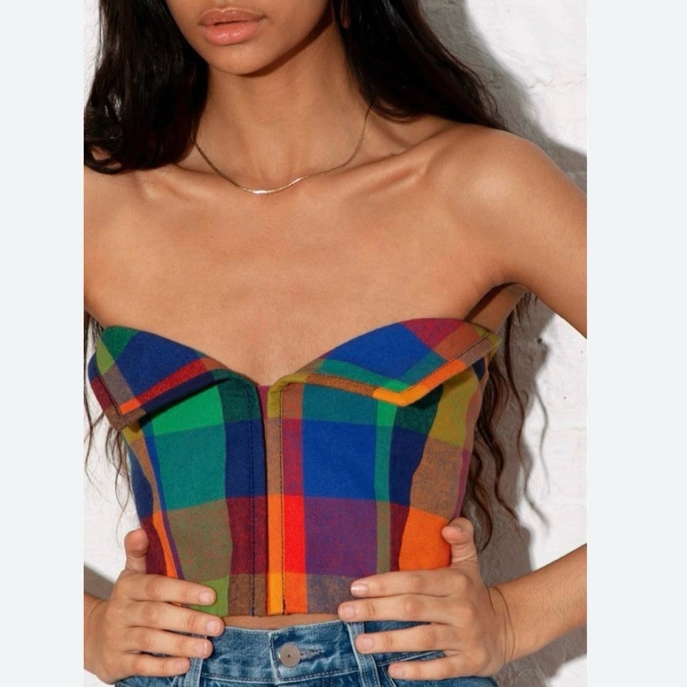 Mara Hoffman Vibrant Multicolor Plaid Strapless Crop Top